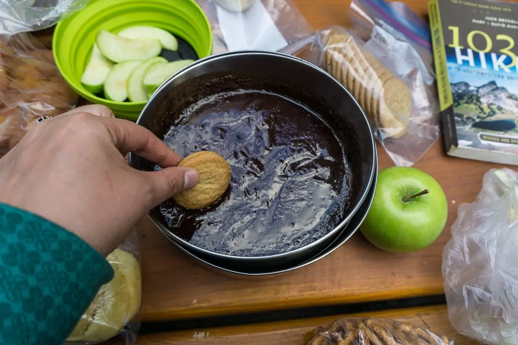 Chocolate fondue is a great backpacking dessert