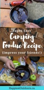 Get this super easy camping fondue recipe. Make chocolate fondue for your friends on your next camping trip. You'll never guess how easy it is. Click through for the full recipe.