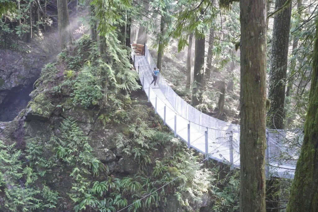 The suspension bridge at Cascade Falls in Mission, one of over 100 snow-free hikes in Vancouver that you can hike all year long.