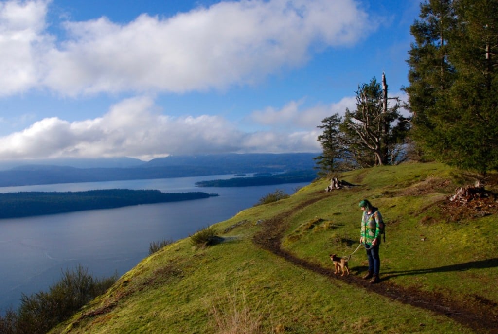 A dog and hiker on the summit of Mount Galiano on Galiano Island, one of the Gulf Islands near Vancouver