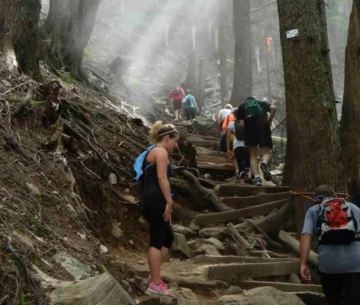Hiking the Grouse Grind in North Vancouver, BC. The Grouse Grind is very steep so it is a popular workout hike.