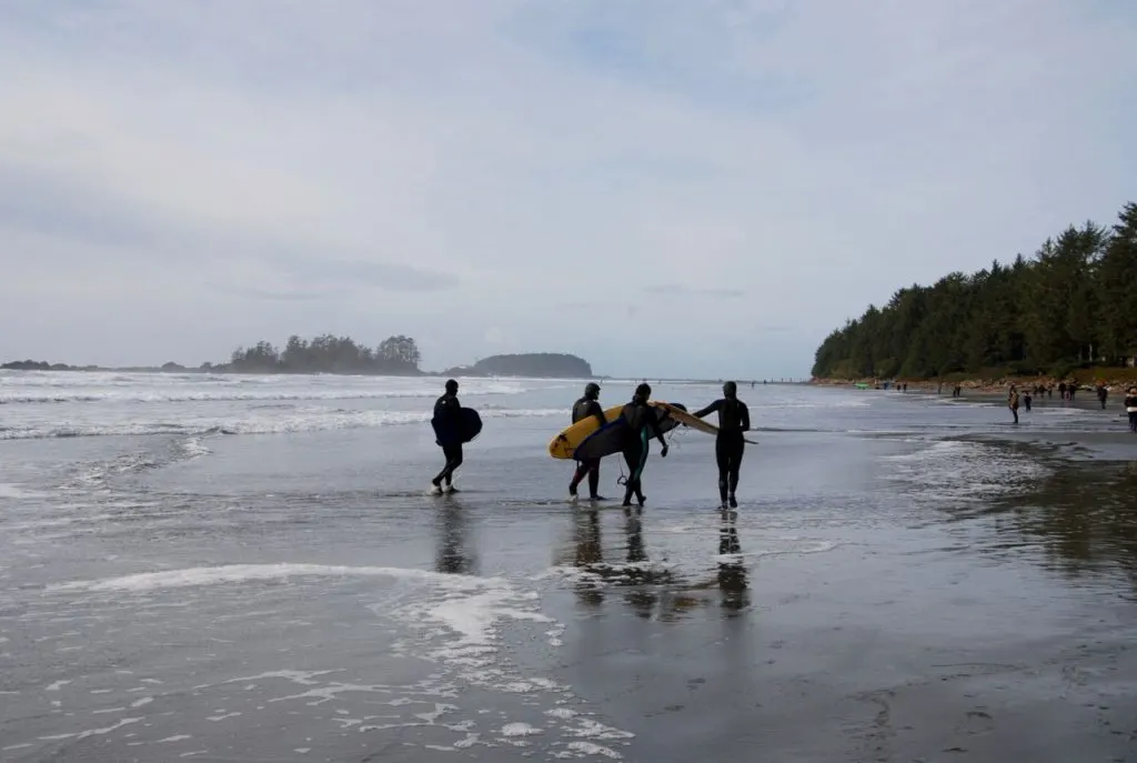 Surfers on Chesterman Beach in Tofino