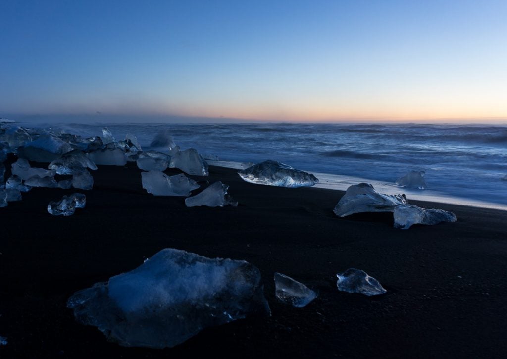 Icebergs at Diamond beach at dawn. A winter week in Iceland. Iceland in January. 35 Photos that will make you want to go to Iceland in winter.
