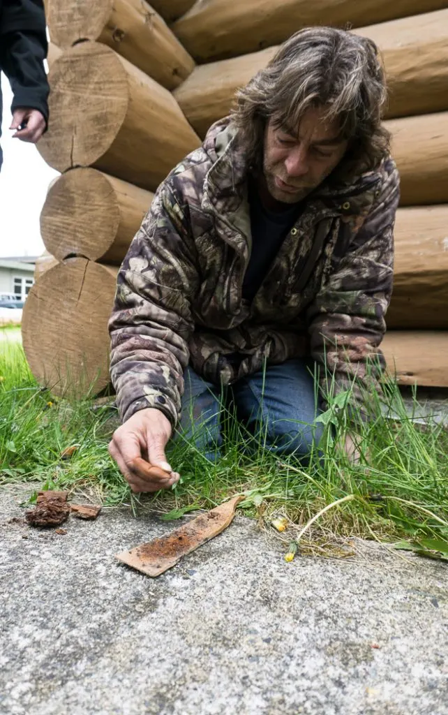 Learning to make cedar tinder in a wilderness survival course with Greg Ovens, Megan Hanacek and Carleigh Fairchild