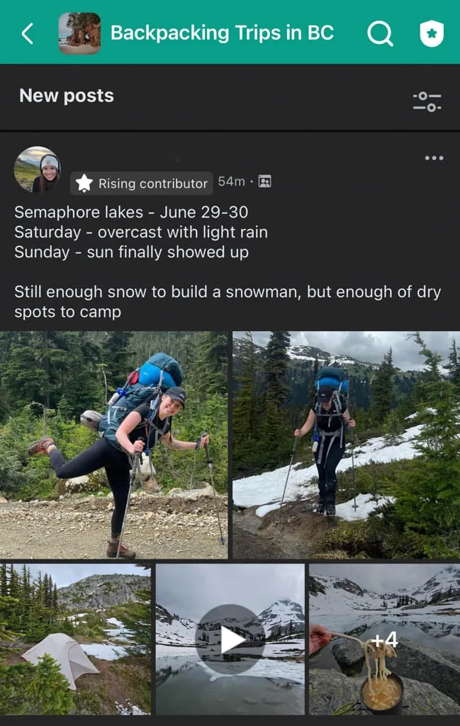 Screen shot of a hiking trail conditions update from the Backpacking in BC Facebook group