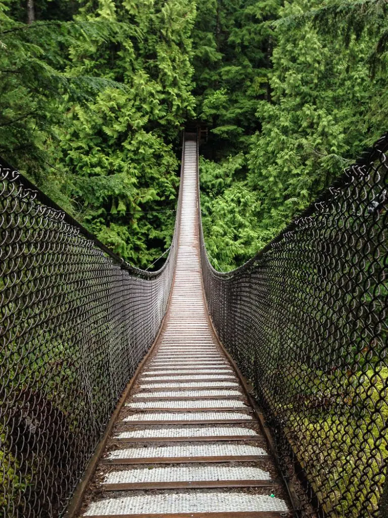 The suspension bridge in Lynn Canyon, one of over 100 snow-free hikes in Vancouver that you can hike all year long.