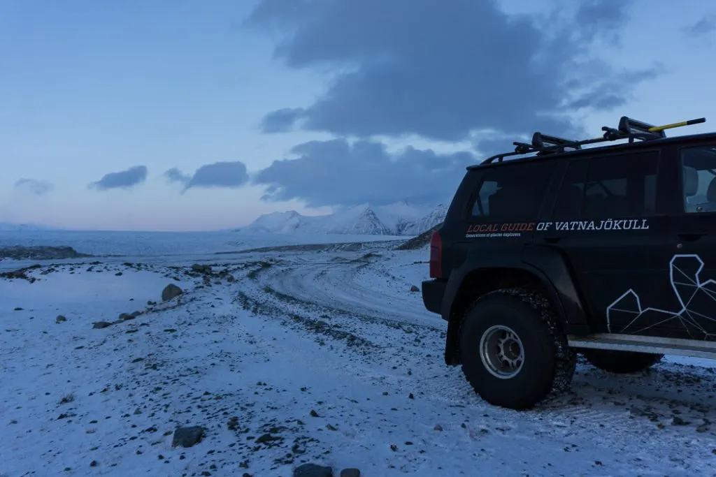 Super jeep on the way to an ice cave in Iceland. The Ultimate Guide to Ice Caves in Iceland: Everything you ever needed to know about visiting ice caves in Iceland. Find out how to go INSIDE the Crystal Cave glacier ice cave to see the blue ice.