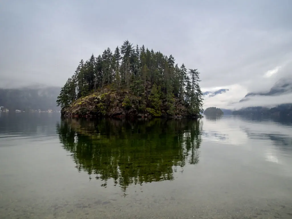 Jug Island in Belcarra Regional Park, one of over 100 snow-free hikes in Vancouver that you can hike all year long.