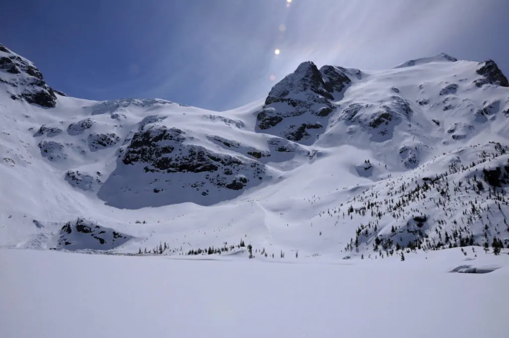 Joffre Lakes near Pemberton in winter. Find out how to snowshoe here in the Ultimate Guide to Snowshoeing in Whistler, BC, Canada.