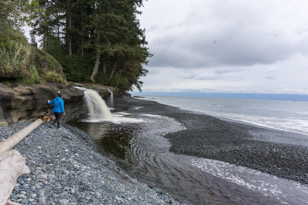 The waterfall at Sandcut Beach is one of a few waterfalls you can visit on the Pacific Marine Circle Route on Vancouver Island.