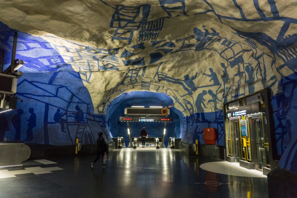 Art at T-Centralen Station on the Stockholm subway. Find out how to visit this station and 11 others on a self-guided tour of Stockholm subway art.