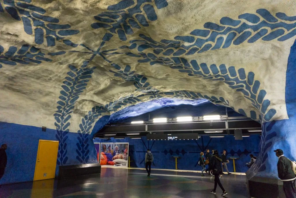 Art at T-Centralen Station on the Stockholm subway. Find out how to visit this station and 11 others on a self-guided tour of Stockholm subway art.