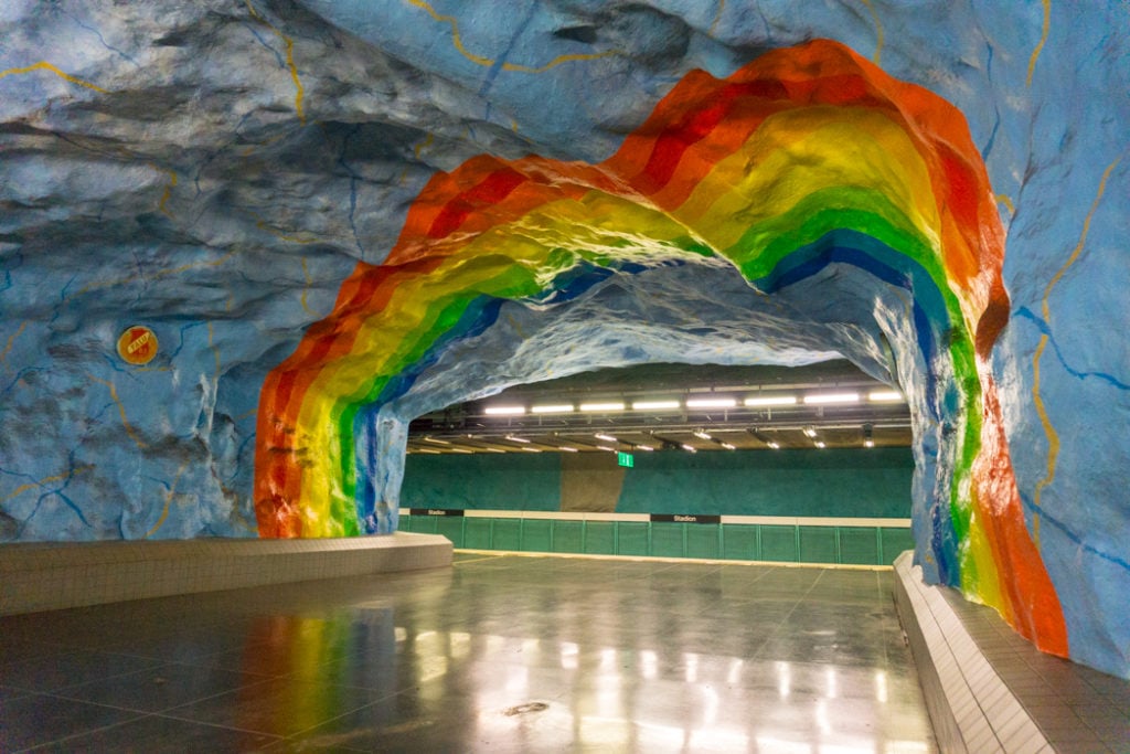 Art at Stadion Station on the Stockholm subway. Find out how to visit this station and 11 others on a self-guided tour of Stockholm subway art.