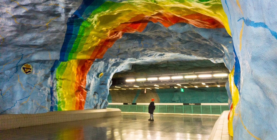 Art at Stadion Station on the Stockholm subway. Find out how to visit this station and 11 others on a self-guided tour of Stockholm's subway art.