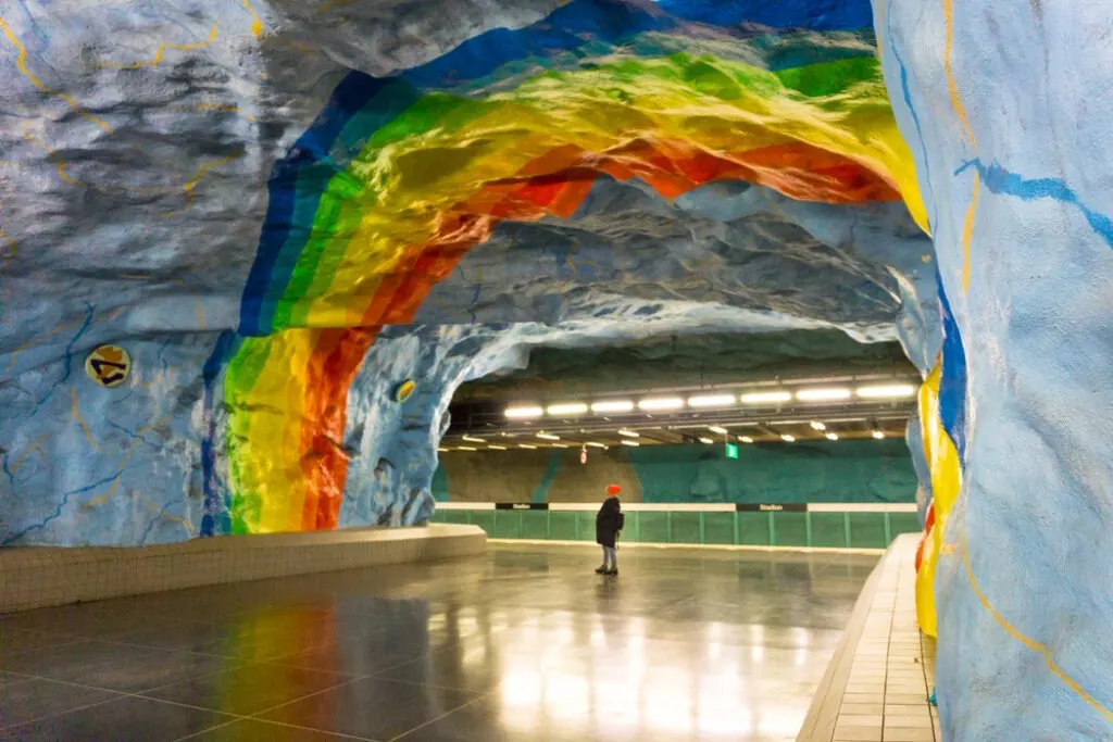 Art at Stadion Station on the Stockholm subway. Find out how to visit this station and 11 others on a self-guided tour of Stockholm's subway art.
