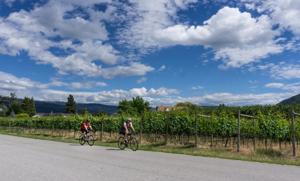 Biking past vineyards near Summerland. Explore Summerland's wineries by bike with this self-guided tour.
