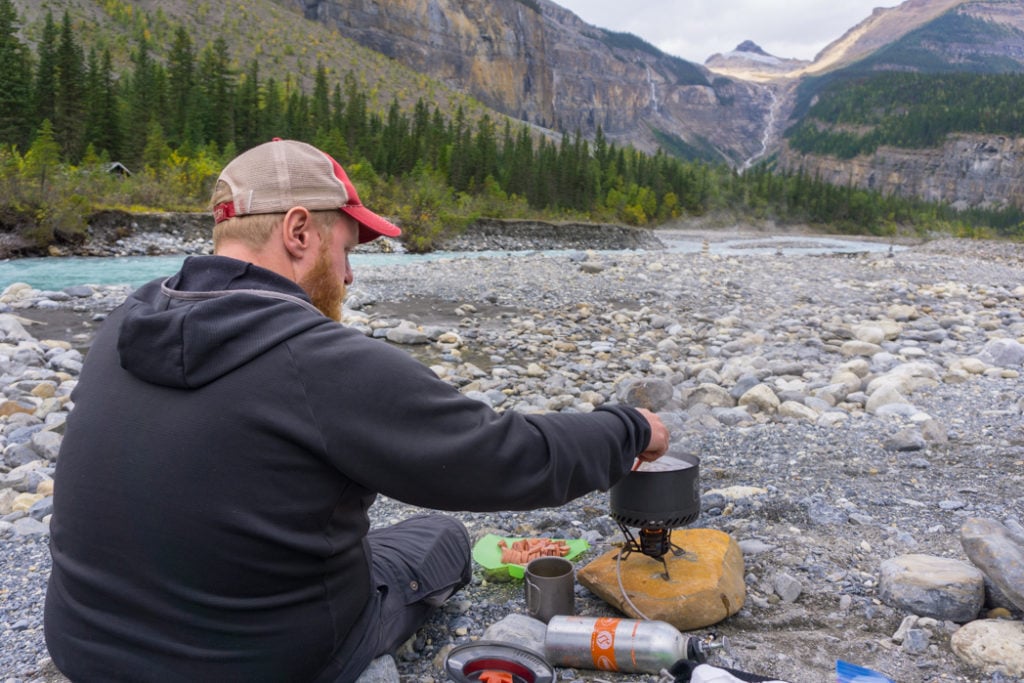 Cooking dinner at Whitehorn campground on the Berg Lake Trail. The Ultimate Guide to Hiking the Berg Lake Trail in Mount Robson Provincial Park in the Canadian Rockies