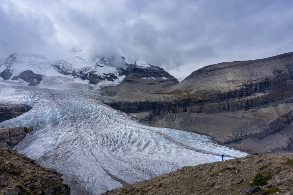 The view of the Robson Glacier from near Snowbird Pass. The Ultimate Guide to Hiking the Berg Lake Trail in Mount Robson Provincial Park in the Canadian Rockies