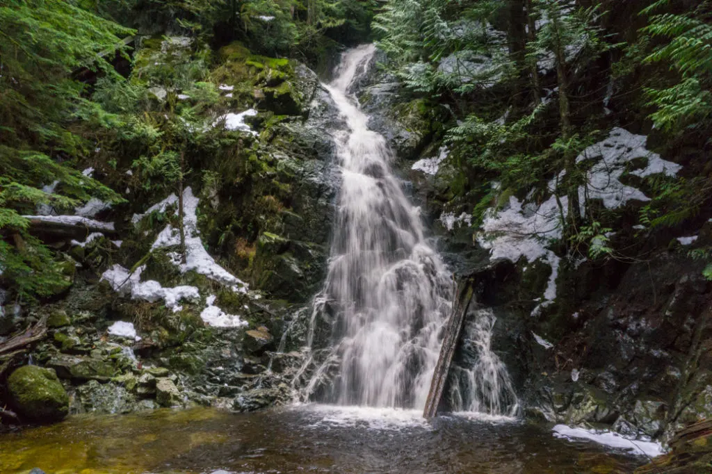 Sawblade Falls on Burke Mountain in Coquitlam, BC. Just one of over 40 waterfalls near Vancouver you can hike to.