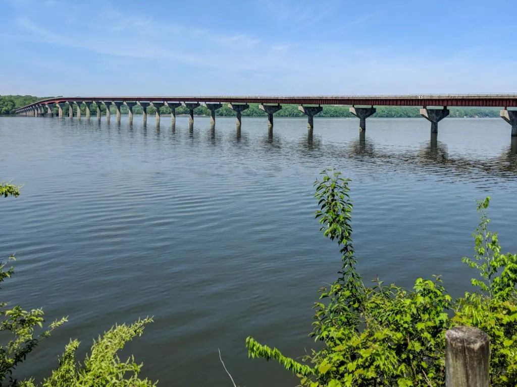 The bridge across the Tennessee River at Colbert Ferry on the Natchez Trace. Learn how to cycle tour the Natchez Trace Parkway in this detailed guide.