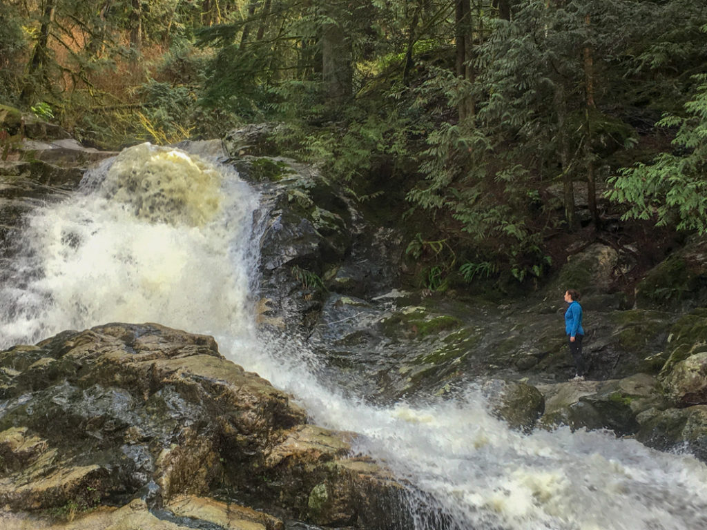 Crystal Falls in spring flood. You can get to this Vancouver hike on transit.