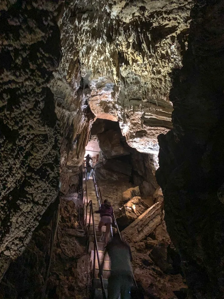 Tourists ascend a staircase inside Gunns Plains Caves