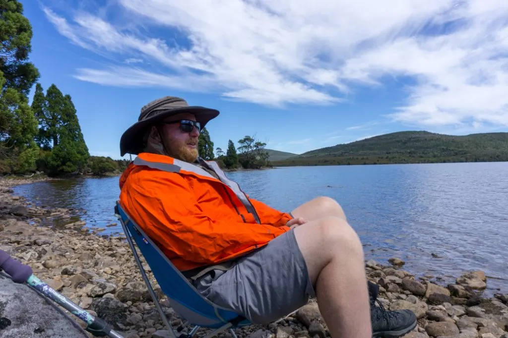 An ultralight chair was a comfortable luxury on the Overland Track