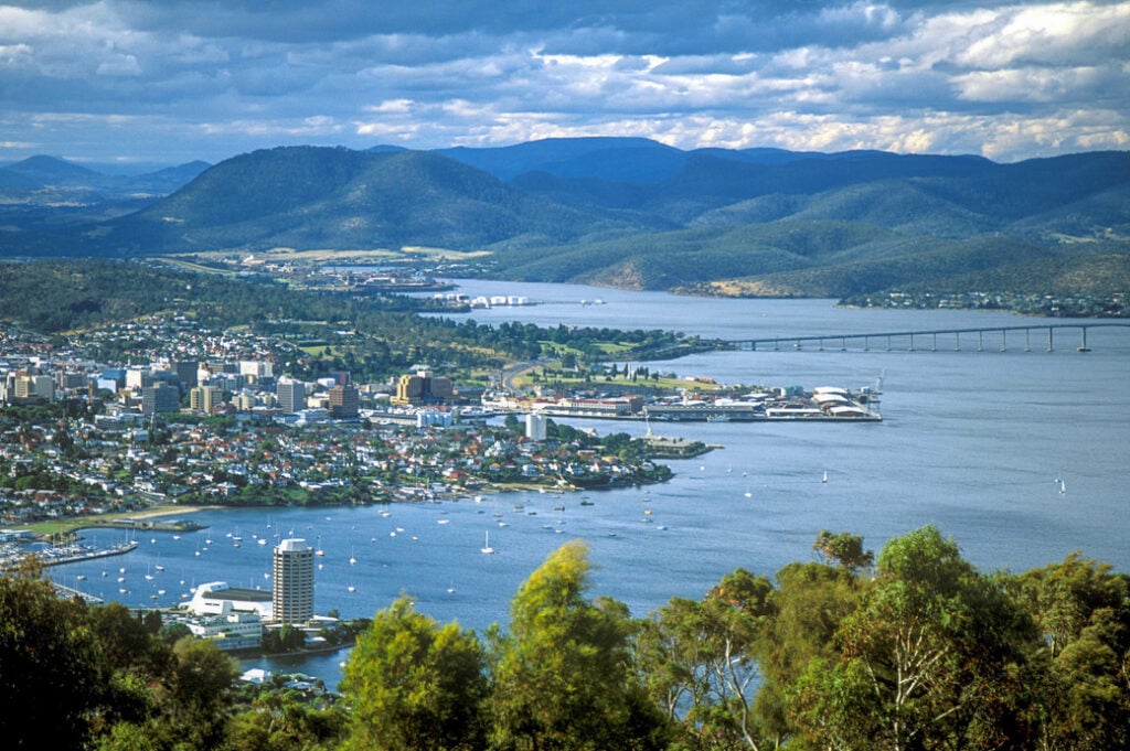 Aerial view of Hobart. Find out how to spend a weekend in Hobart - a d-day Hobart itinerary