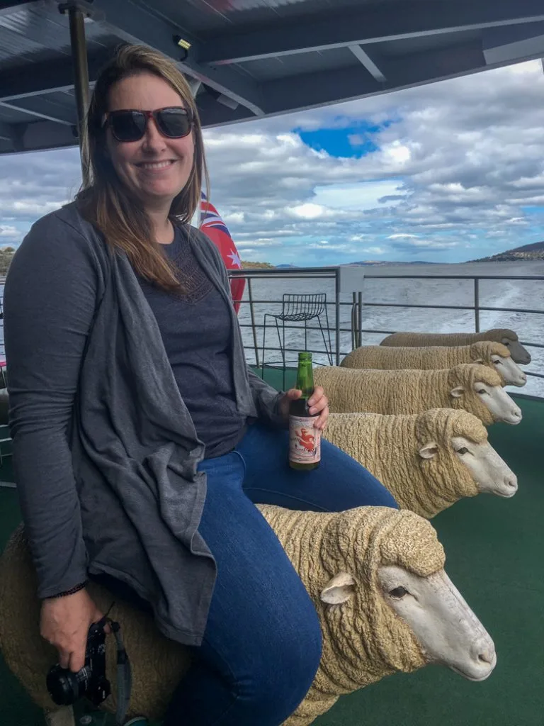 You can sit on a sheep sculpture on the ferry ride to MONA in Hobart, Tasmania