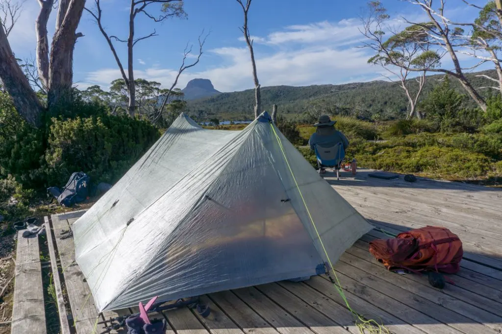 Camping on a timber tent platform at Windermere on the Overland Track