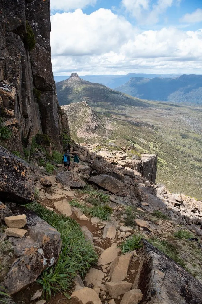 Descending from Mount Ossa. Most hikers plan to climb this peak as an Overland Track side trip.