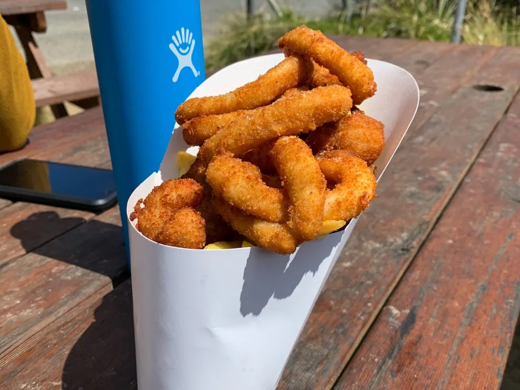 Fish and chips in a cone at Doolishus