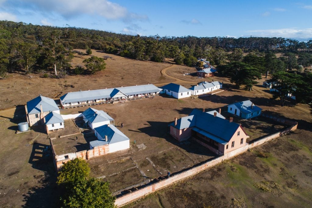 An aerial view of the former penitentiary on Maria Island, Tasmania, Australia