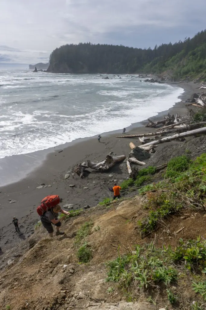 Climbing up Scott's Bluff using a rope on the trail between Third Beach and Toleak Point in Olympic National Park