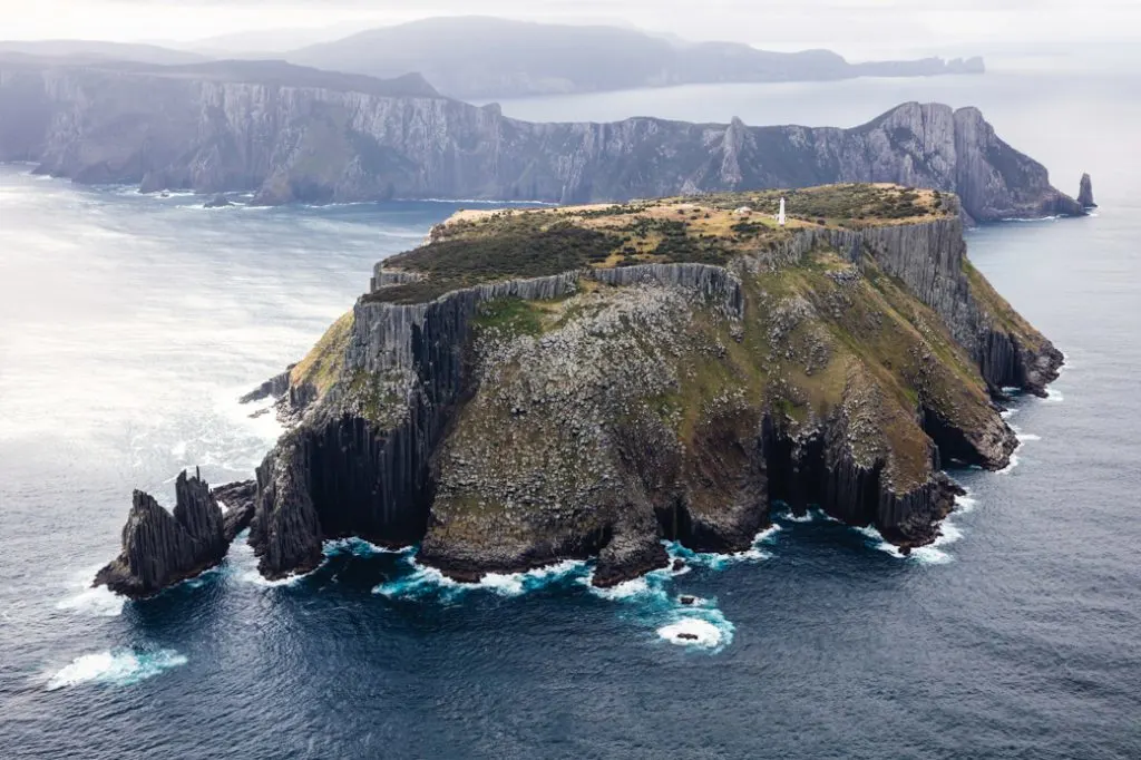 An aerial view of Tasman Island near Port Arthur, Tasmania, Australia. 