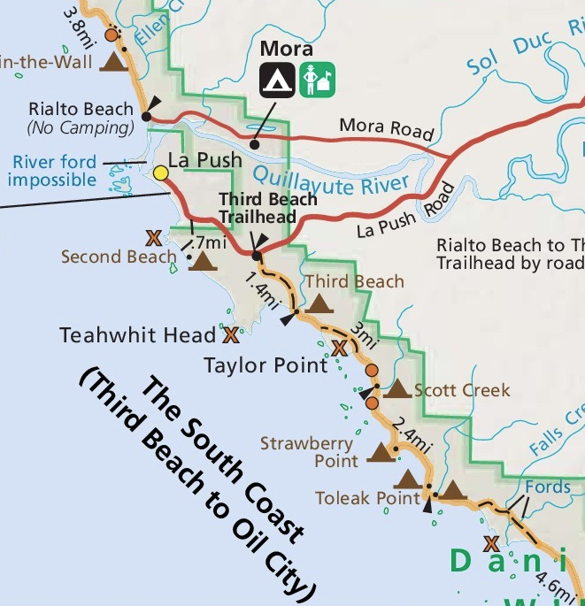 Map of the hike from Third Beach to Toleak Point in Olympic National Park.