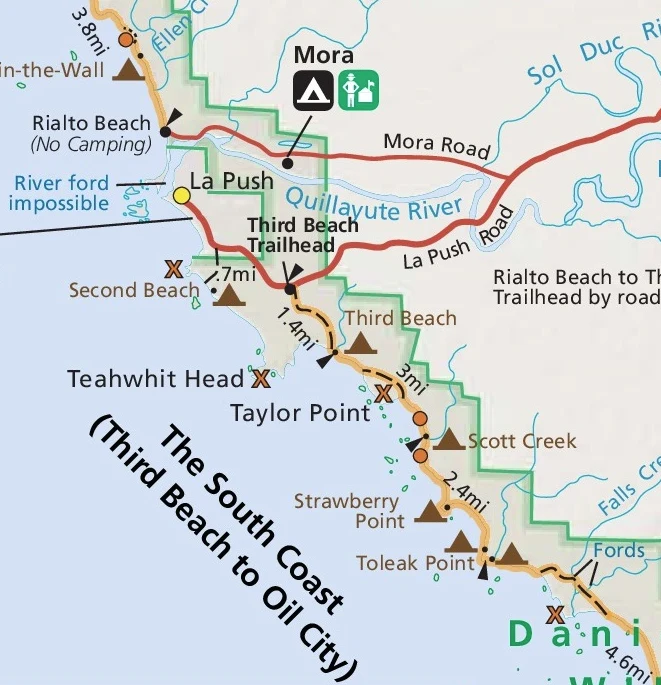 Map of the hike from Third Beach to Toleak Point in Olympic National Park.
