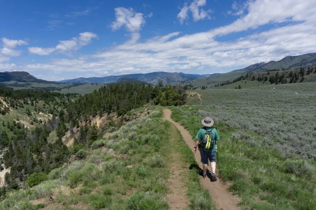 A hiker on a trail above the Yellowstone River