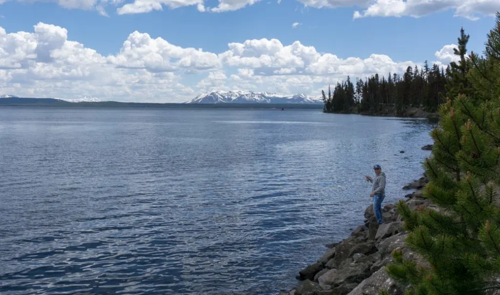 A man fishing on Yellowstone Lake