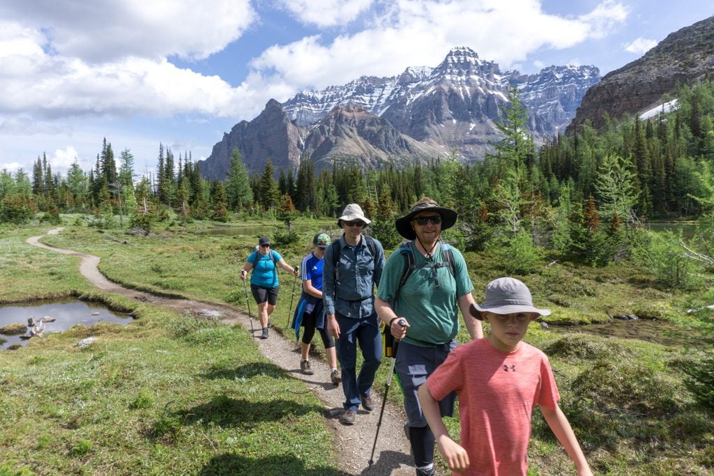 A group of hikers wearing quick-drying hiking clothing walks along the Alpine Meadows Trail near Lake O'Hara in Yoho National Park