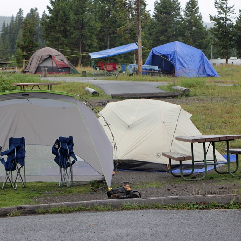 Tenten op Bridge Bay campground in Yellowstone National Park