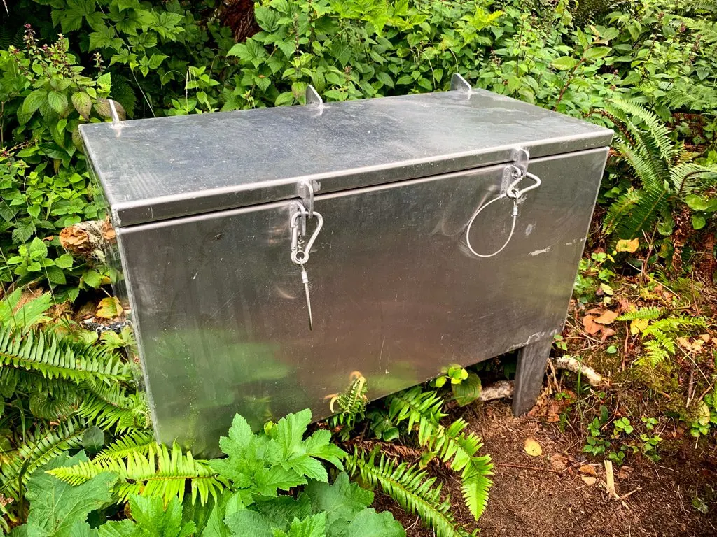 A metal food locker at a campground on the West Coast Trail
