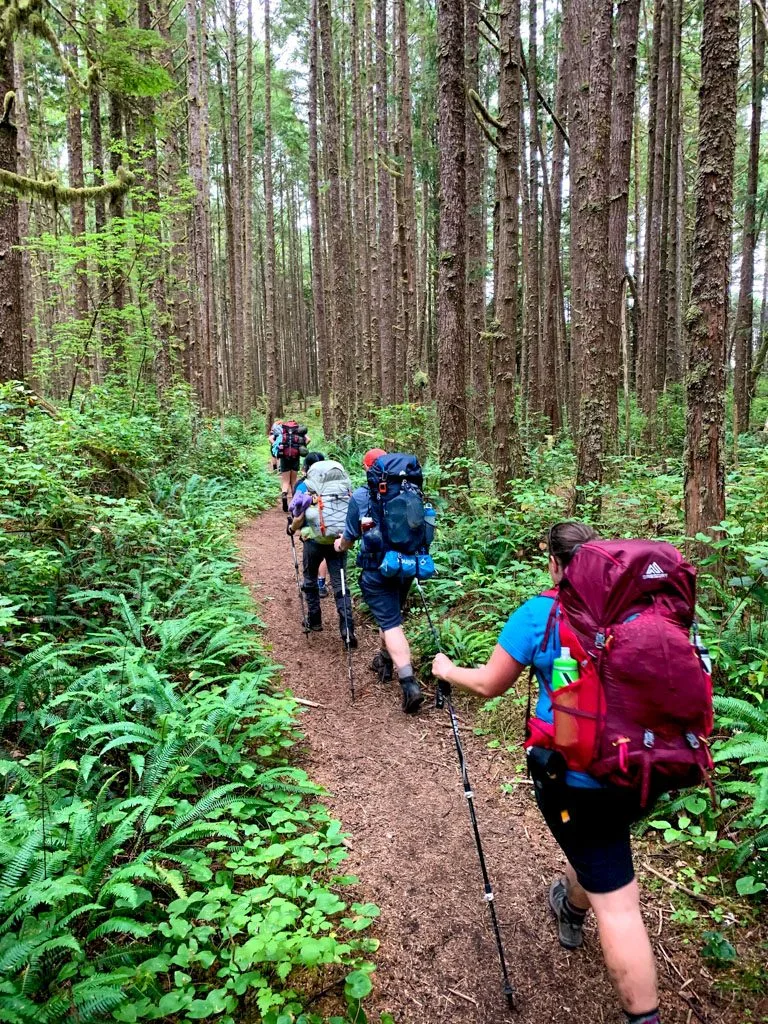 A group of hikers wearing backpacks on the West Coast Trail