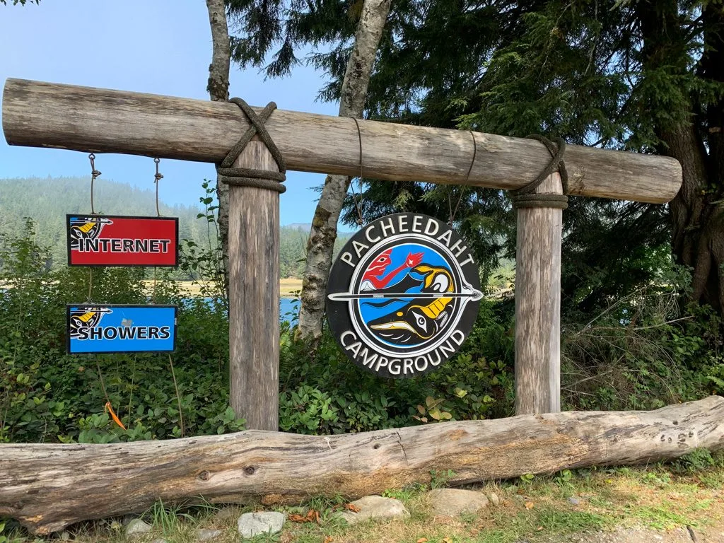 The sign for the Pacheedaht Campground near the Gordon River trailhead for the West Coast Trail near Port Renfrew, BC
