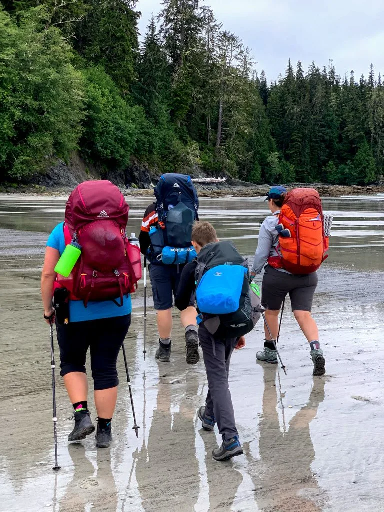 Hikers walking on the beach at Pachena Bay to start the first West Coast Trail section