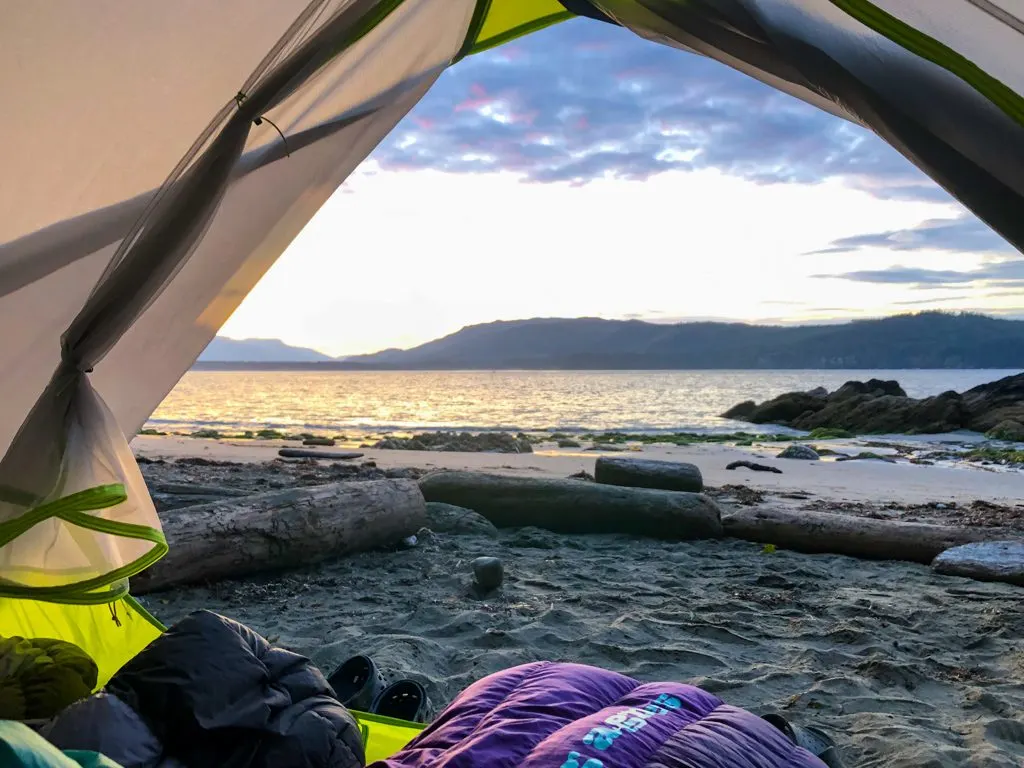 West Coast Trail camping: the view from a tent at Thrasher Cove Campground