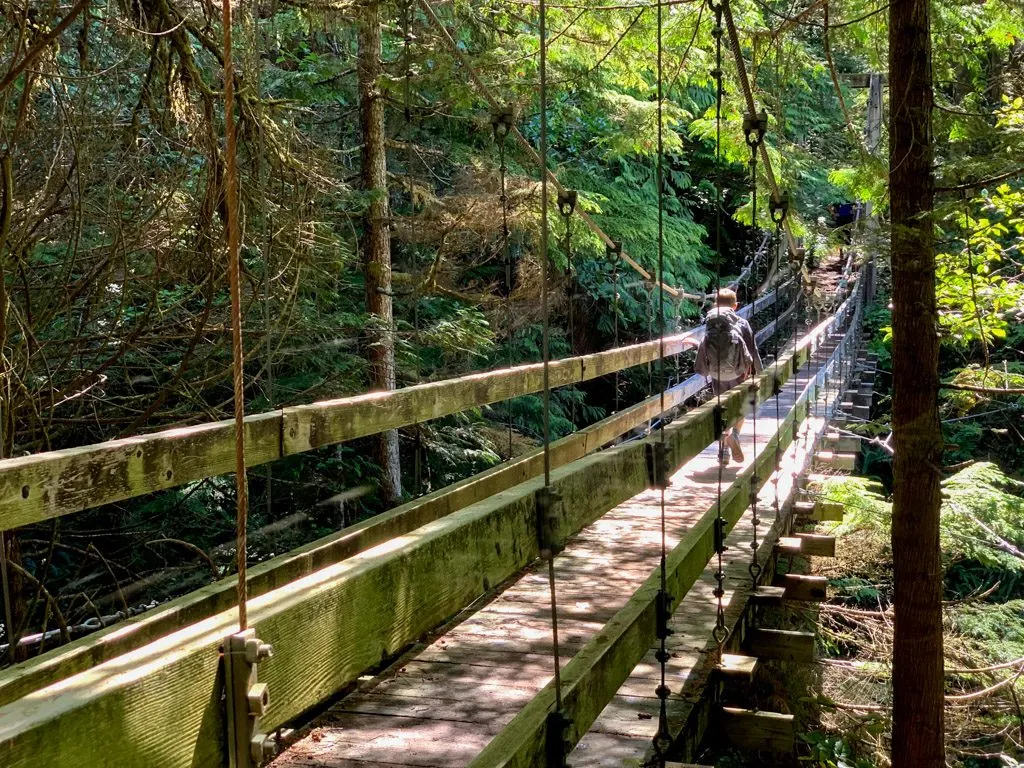 A hiker crosses the Billy Goat Creek suspension bridge on the West Coast Trail