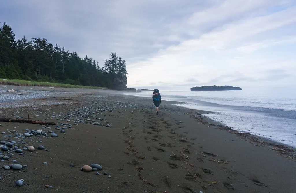 A hiker walking on a sandy beach on the West Coast Trail