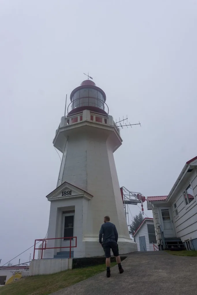 Carmanah Lighthouse in the fog on the West Coast Trail