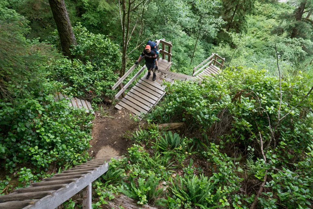 A hiker climbing the ladders at Cullite Creek on the West Coast Trail